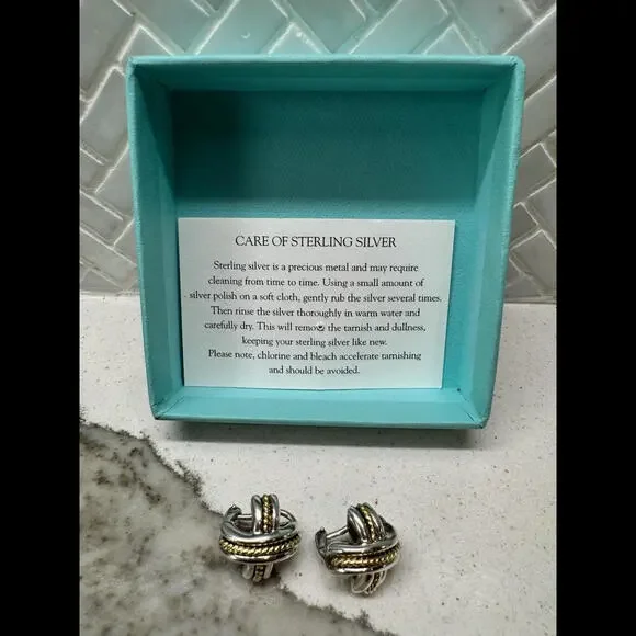 Tiffany & Co. Gold Rope Silver Signature ''X'' Clip-on Earrings .925 Silver Cert